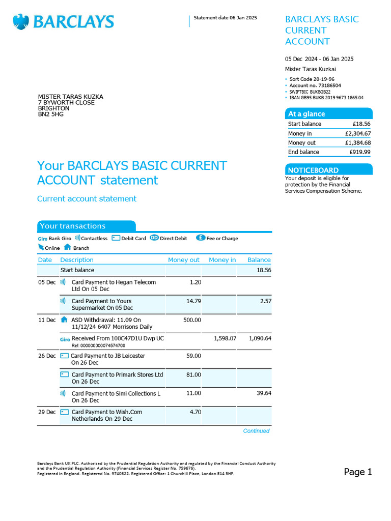 Barclays Basic Current Account Statement | PDF | Cost Of Living | Overdraft
