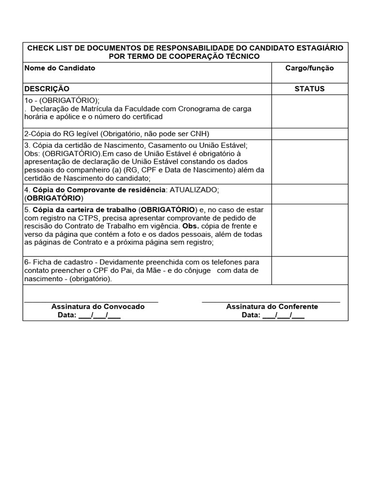 Check List de Documentos para Estágio | PDF