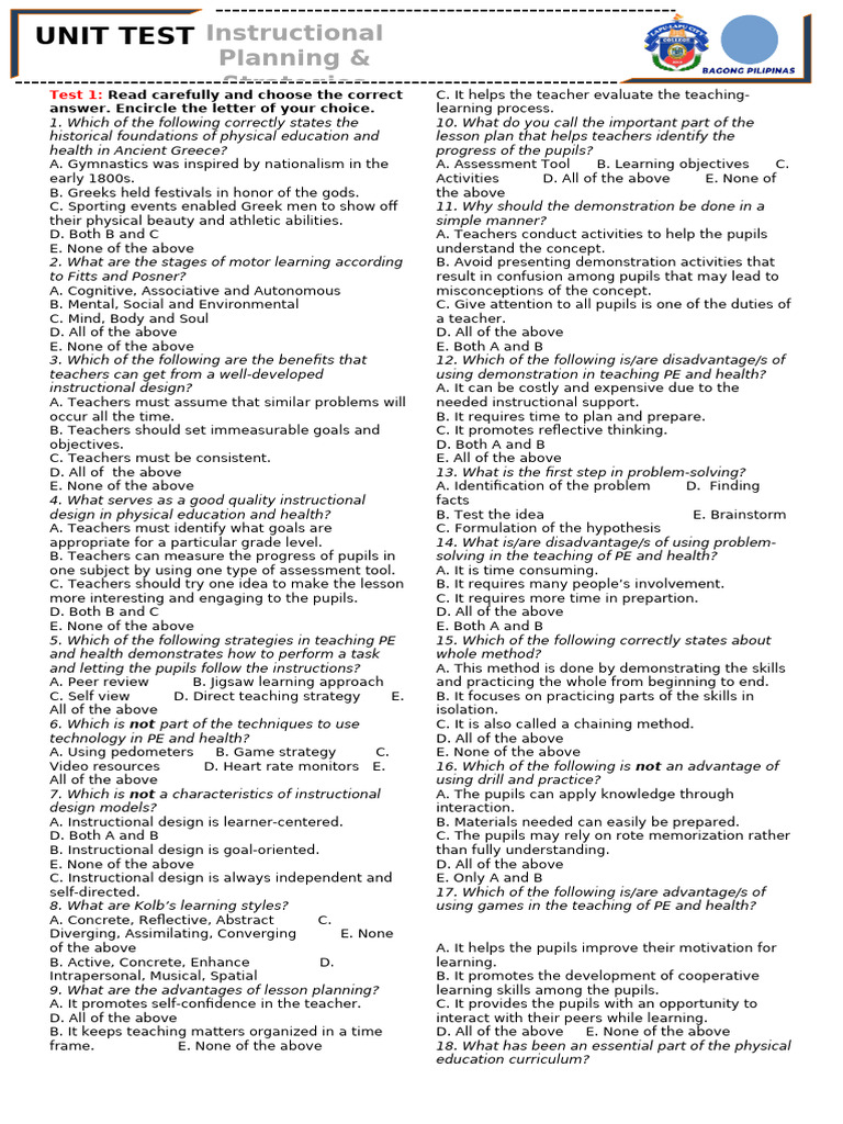 PEH-UNIT-TEST-2-AND-3 | PDF | Educational Assessment | Physical Education