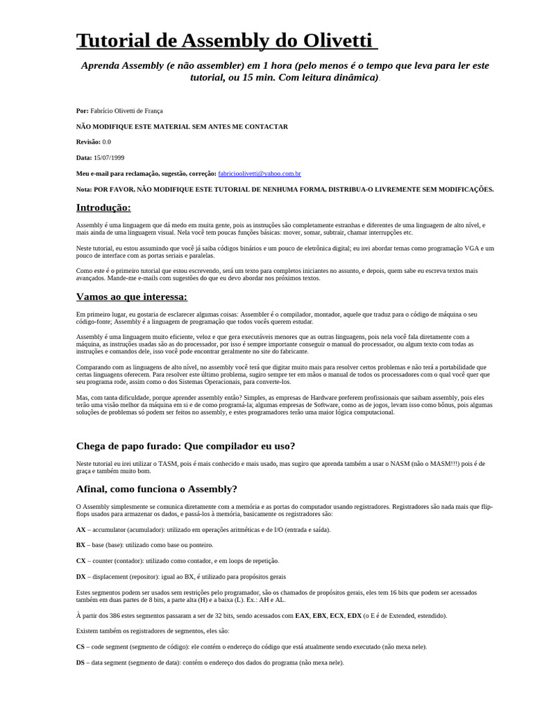 Tutorial Rápido de Assembly para Iniciantes | PDF | Linguagem Assembly ...