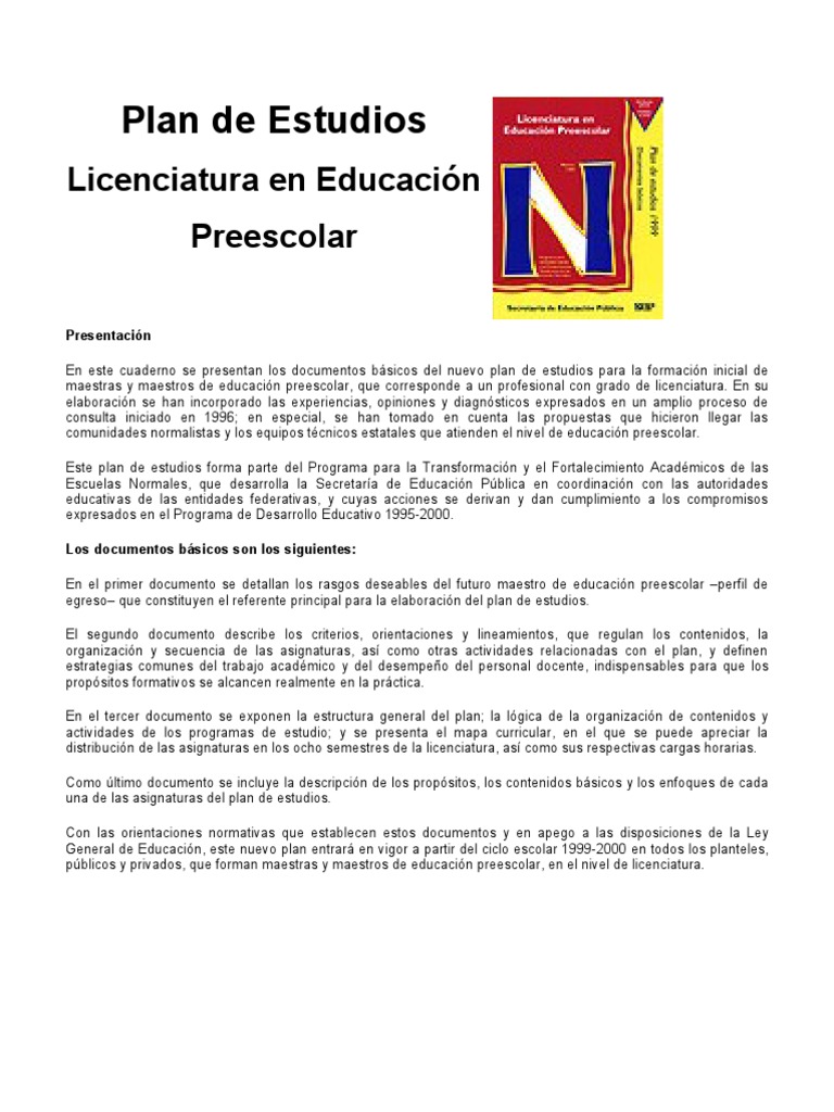 Plan de Estudios Licenciatura Preescolar 2022 | PDF | Jardín de ...