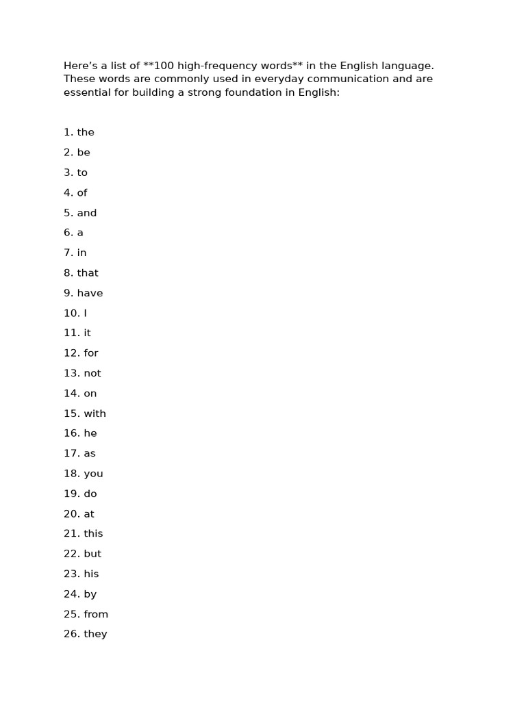100 High Frequency Words | PDF