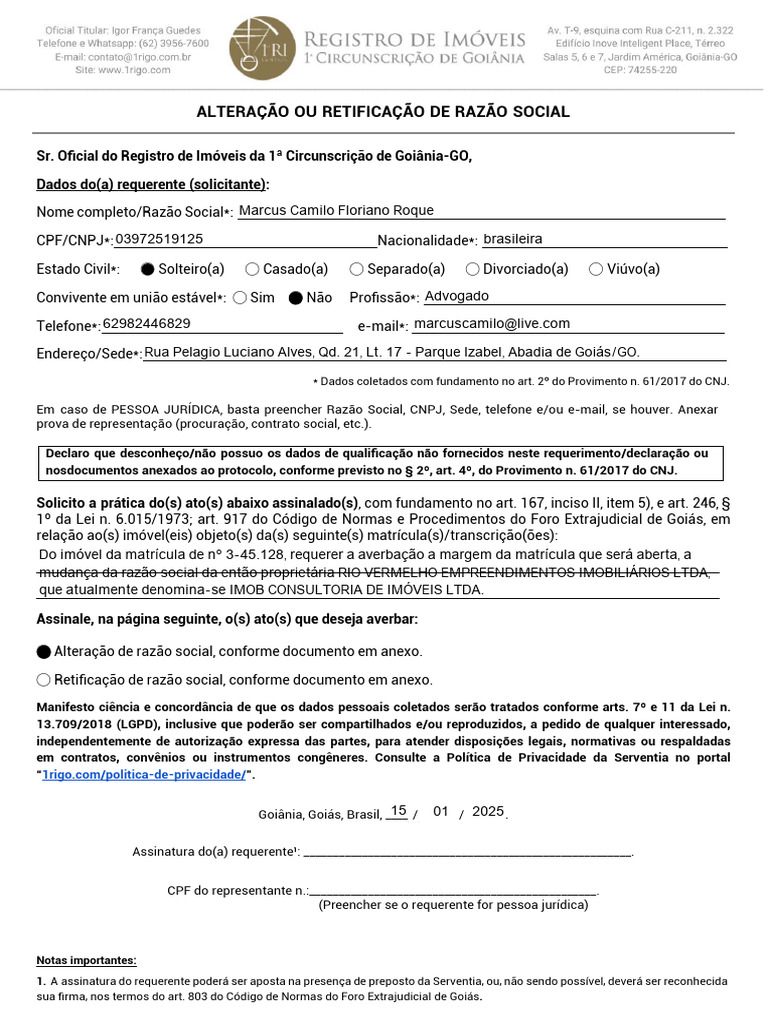 Alteração de Razão Social em Goiânia | PDF | Justiça | Crime e Violência