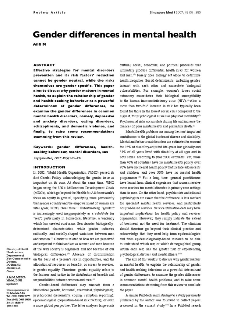 Gender Differences in Mental Health | PDF | Anxiety Disorder | Major ...