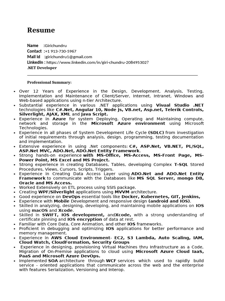 .NET Developer Resume - 12 Years Experience | PDF | Language Integrated ...
