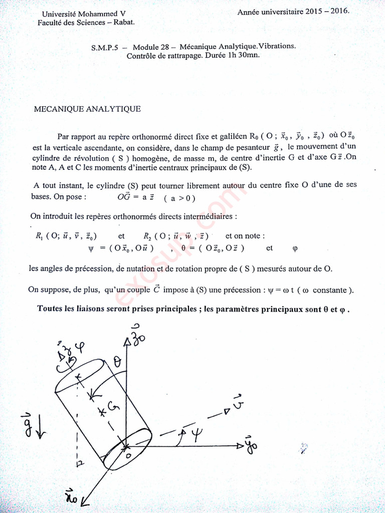 Examen Rattrapage+Corrigé Mécanique Analytique Et Vibrations SMP S5 ...