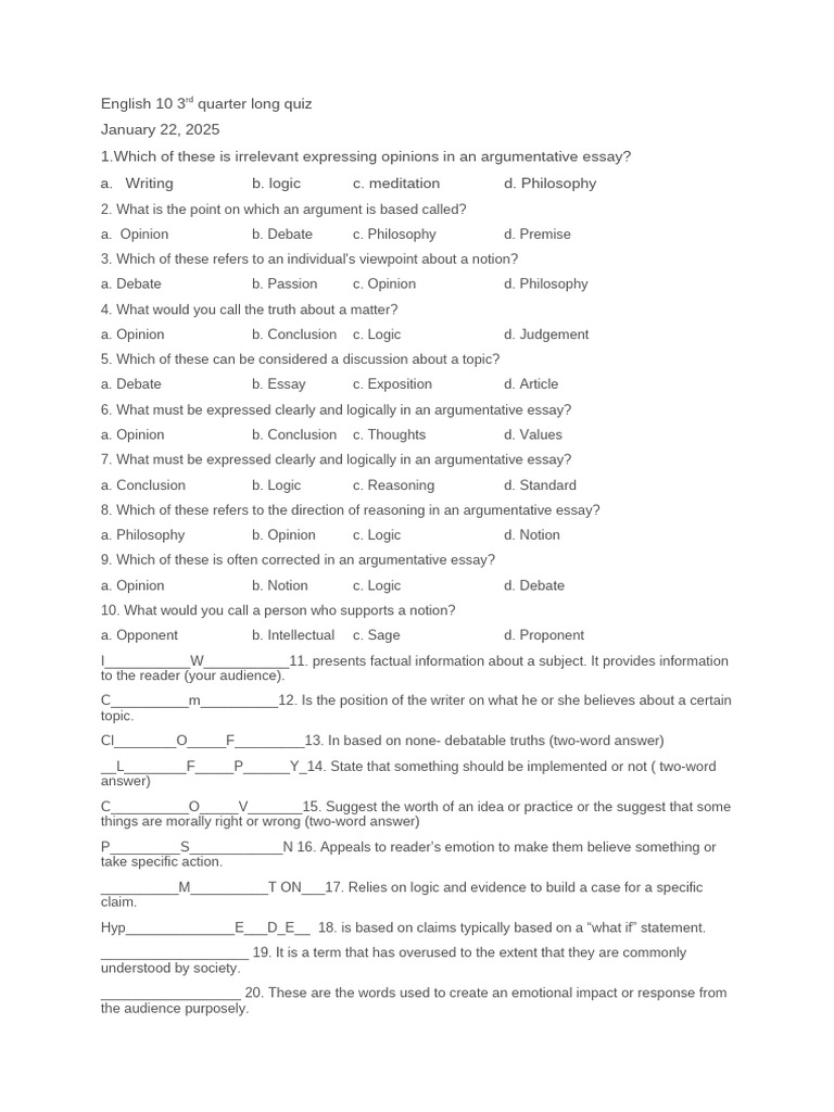 English 10 3rd Quarter Long Quiz | PDF | Logic | Essays