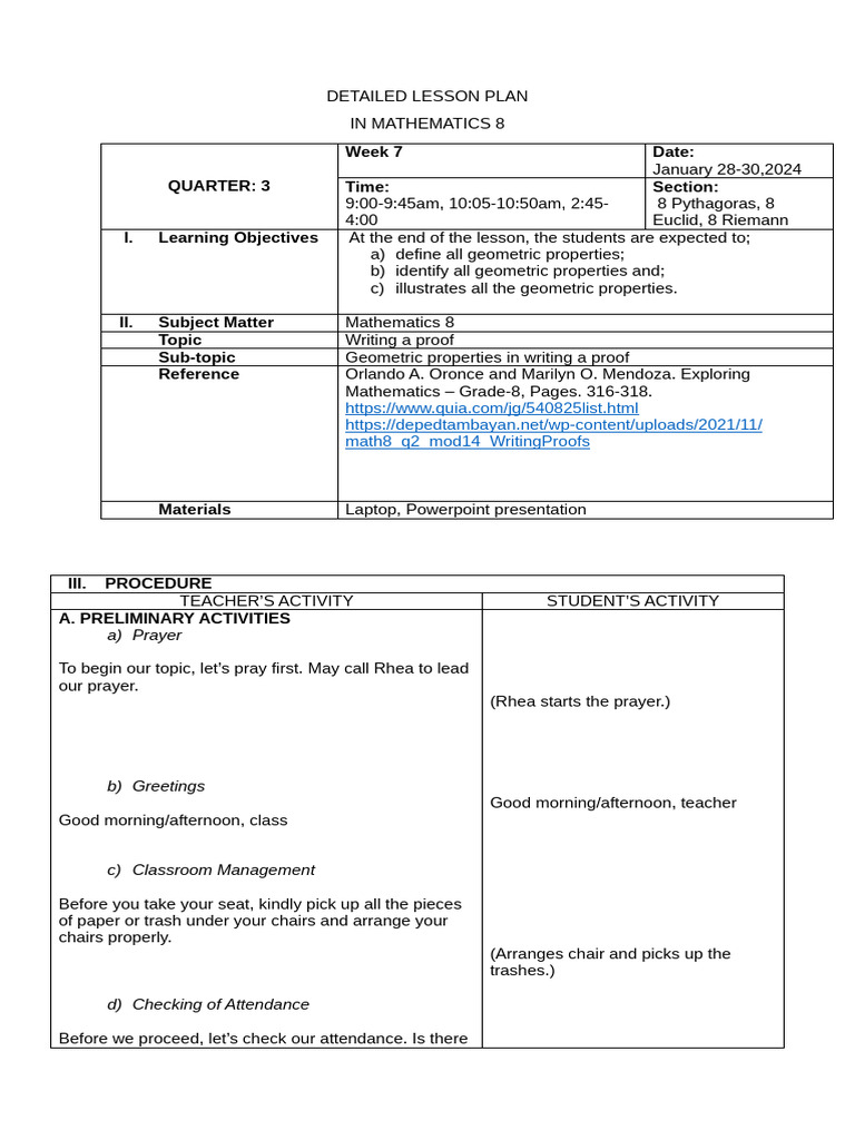 DETAILED LESSON PLAN- GEOMETRIC PROPERTIES | PDF | Angle | Euclid