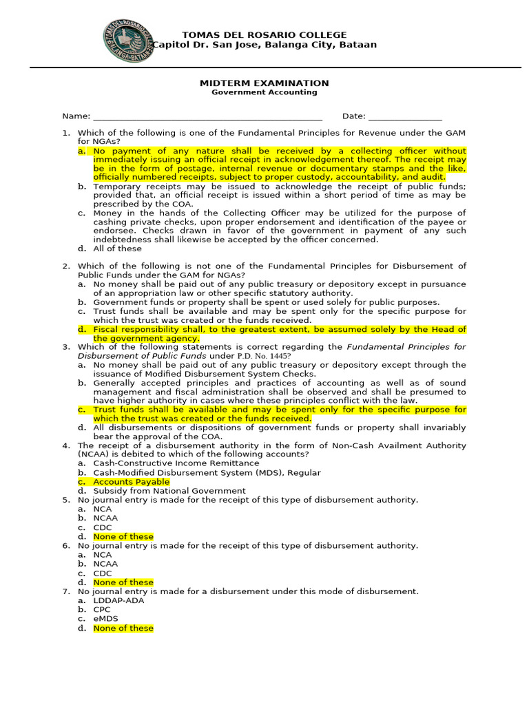 Government Accounting Midterm Exam Guide | PDF | Payments | Debits And ...