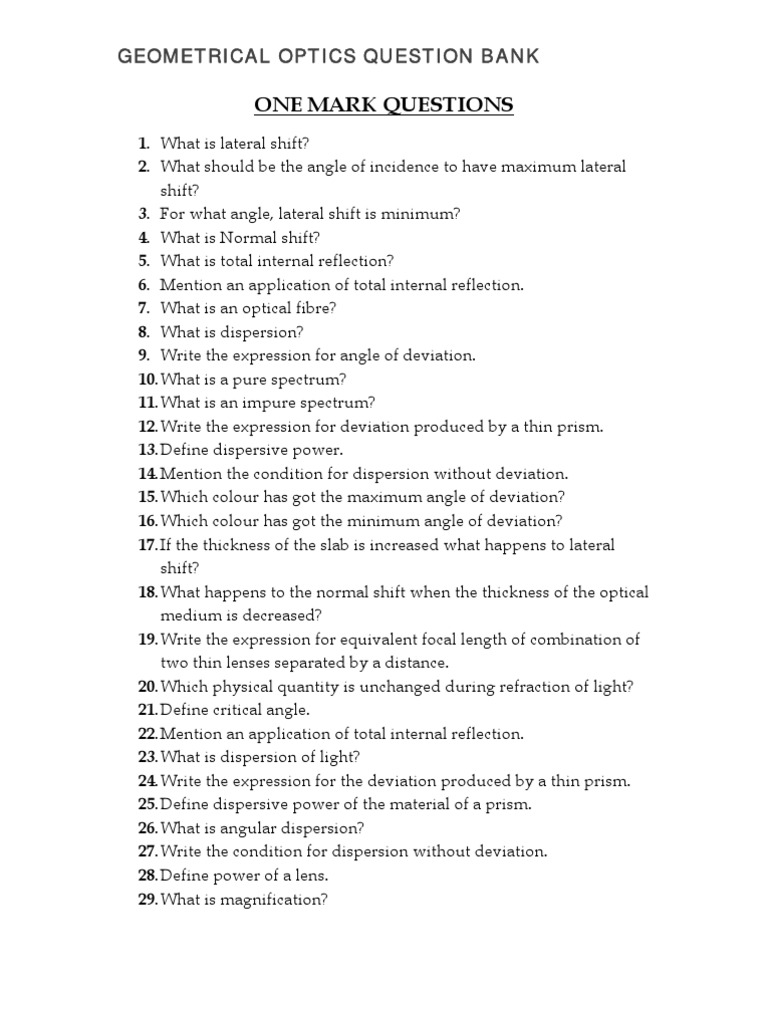 One Mark Questions Geometrical Optics Question Bank PDF Lens