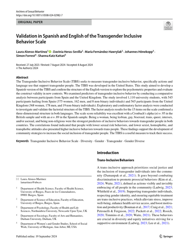 Validation in Spanish and English of The Transgender Inclusive | PDF ...