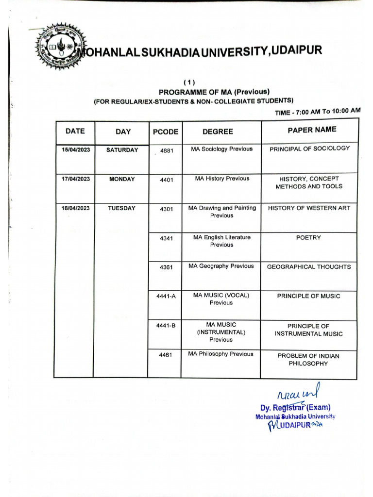 Time Table of Ma (Previous) Year Examination - 2023 (For Regular - Ex ...