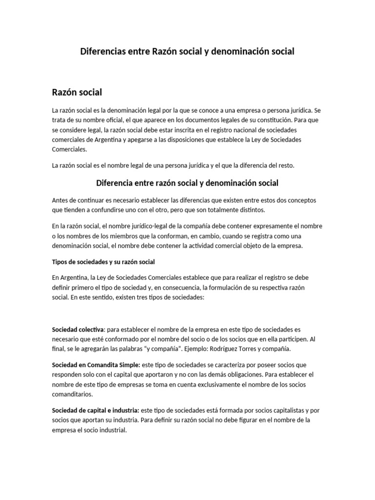 Razón Social vs Denominación Social: Claves | PDF | Sociedad de ...