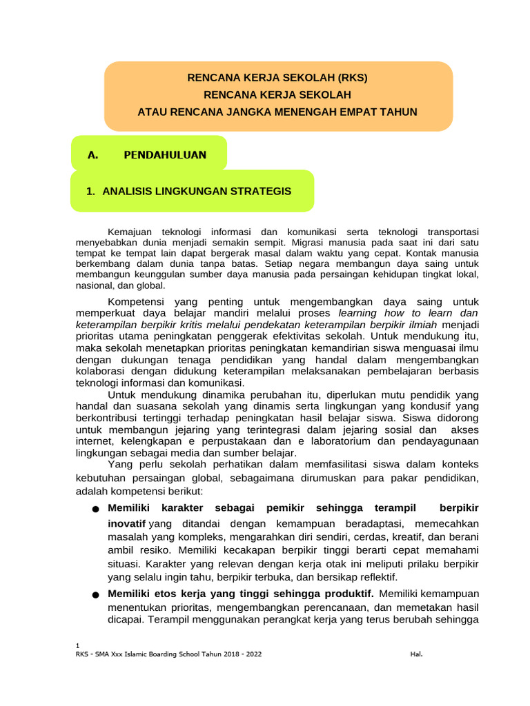 Rencana Kerja Sekolah SMA Xxx 2018-2022 | PDF