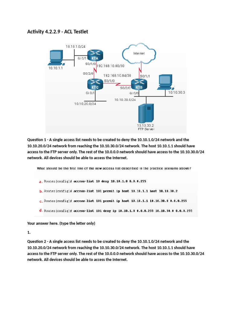CCNA 4 - Access Control Lists - Activity 4.2.2.9 | PDF