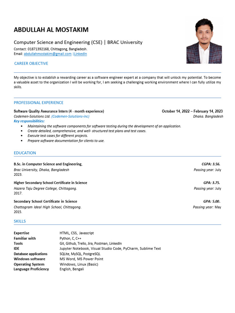 Abdullah Al Mostakim - Software Engineer Resume | PDF | Software ...
