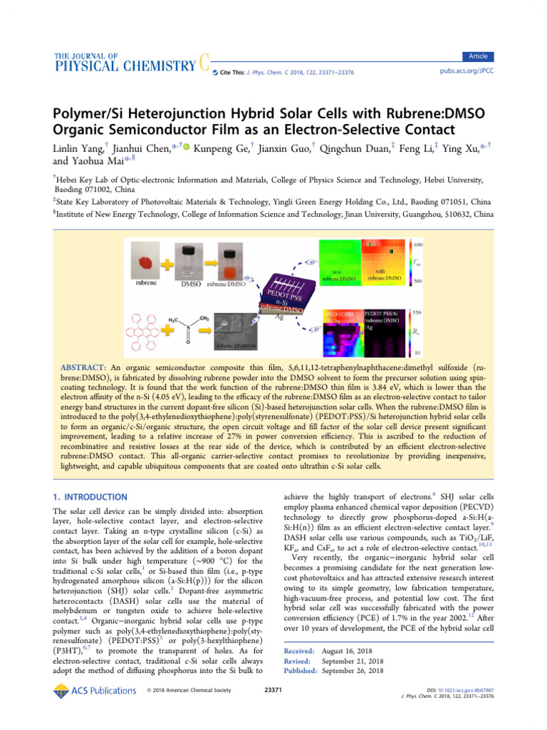Rubrene:DMSO in Hybrid Solar Cells | PDF | Solar Cell | X Ray ...