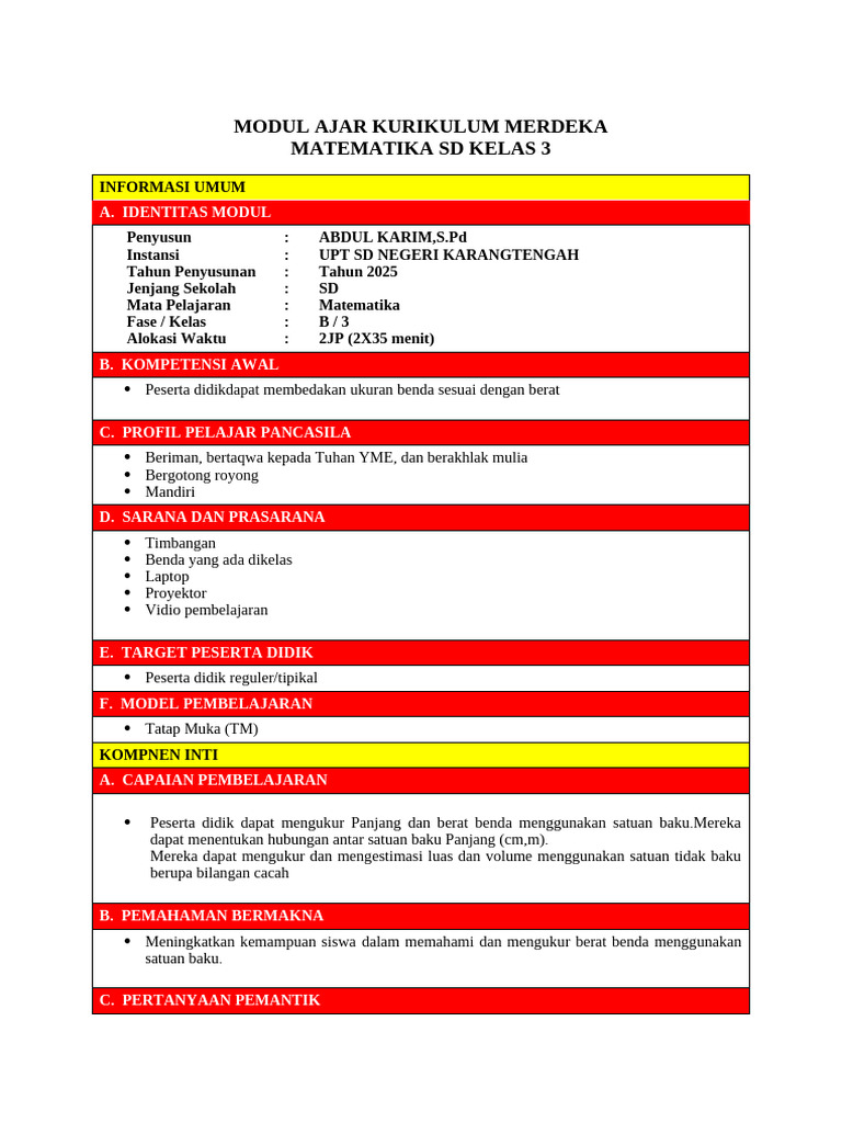 Modul Ajar Matematika SD Kelas 3 | PDF