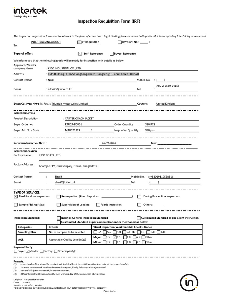 Inspection Requisition Form (Irf) - Intertek | PDF | Indemnity | Tort