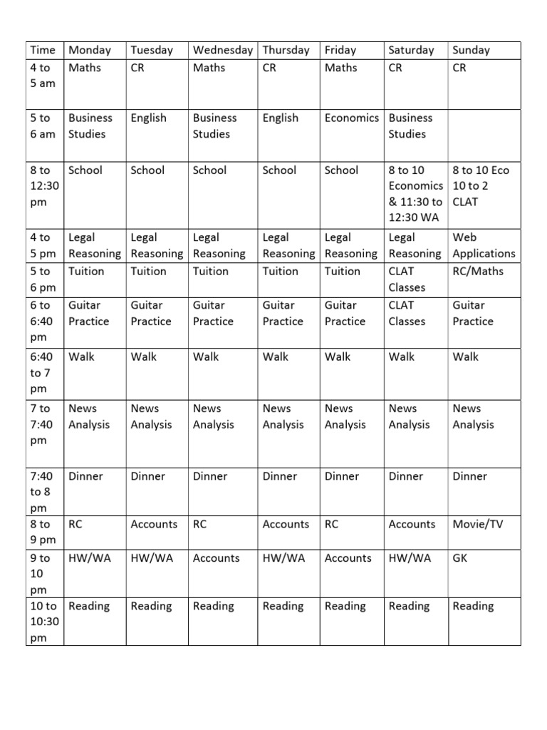 Weekly Study and Activity Schedule | PDF