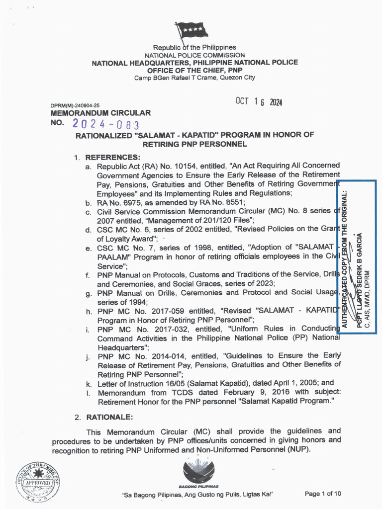 PNP MC 2024-083 Rationalized Salamat Kapatid Program in Honor of ...