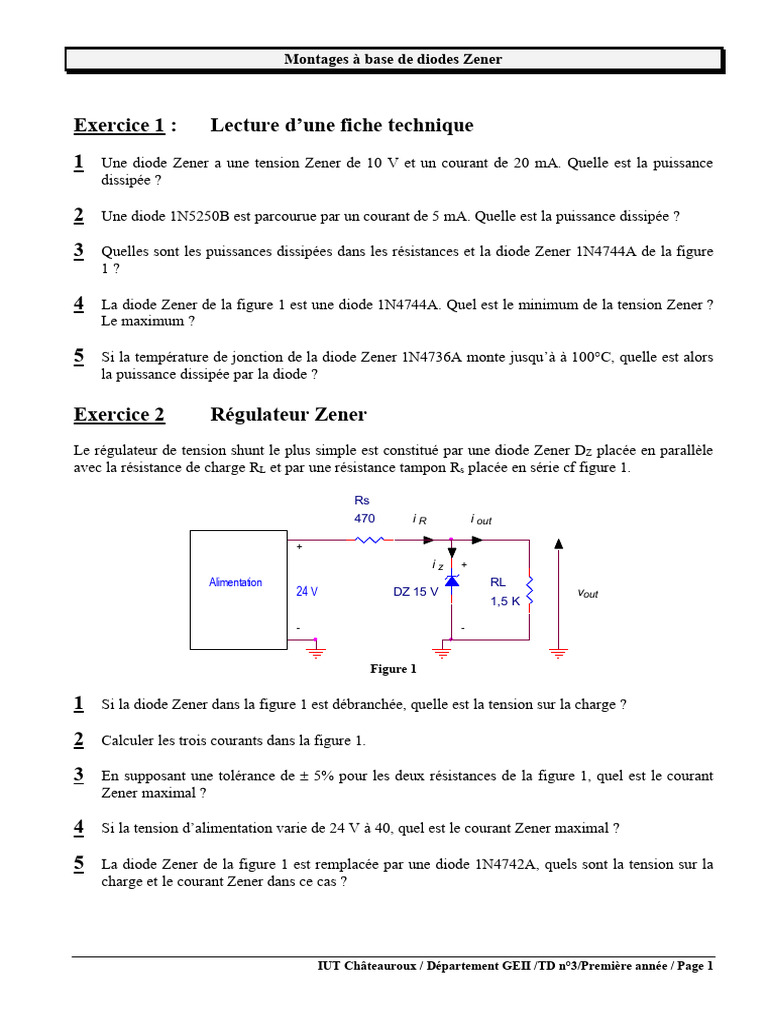 Exercices sur les diodes Zener | PDF | Diode | Convertisseur numérique ...