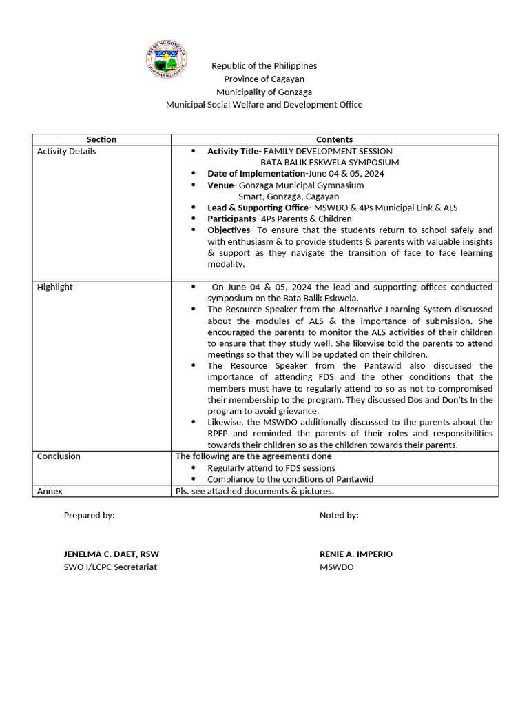 Family Development Session Overview | PDF
