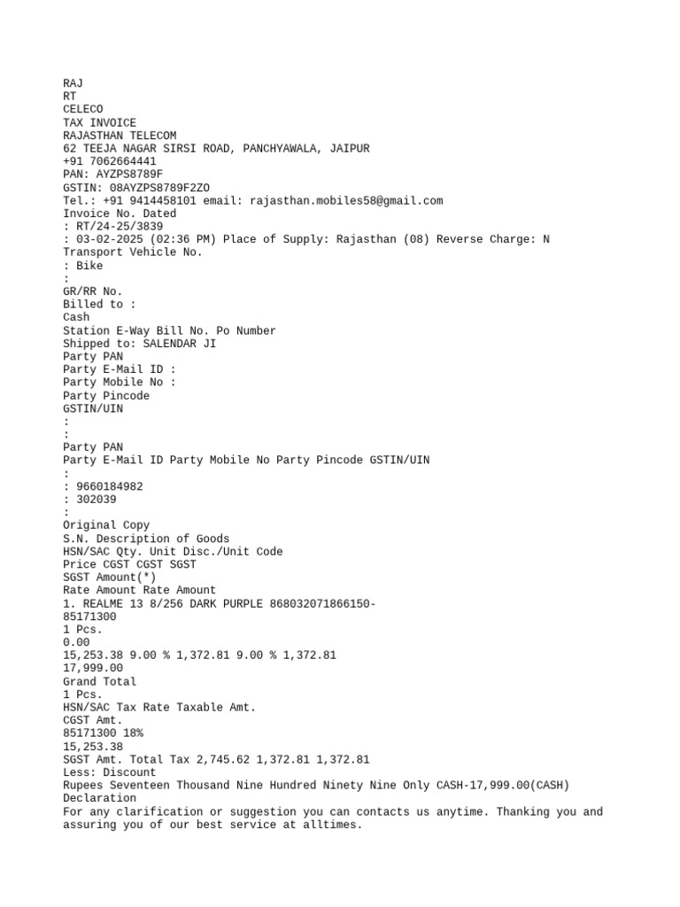 Rajasthan Telecom Invoice Details | PDF