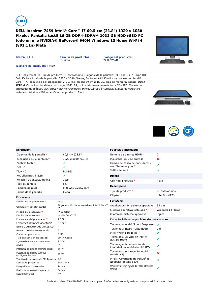 DATASHEET 7459 DELL INSPIRON | PDF | Microprocesador | Unidad Central ...