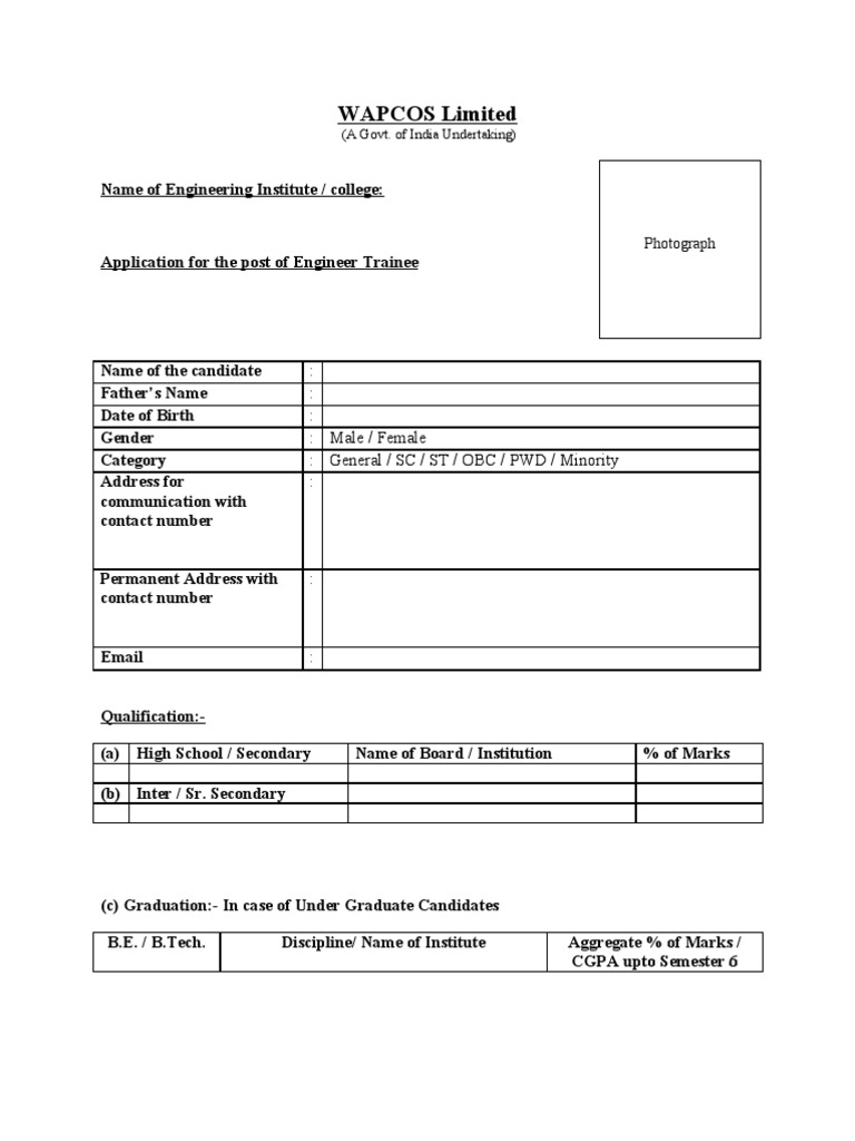 WAPCOS Engineer Trainee Application Form | PDF