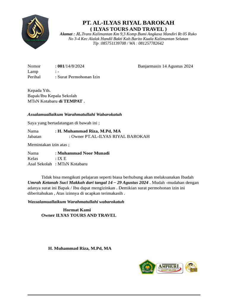 Surat Izin Umroh untuk Siswa Sekolah | PDF