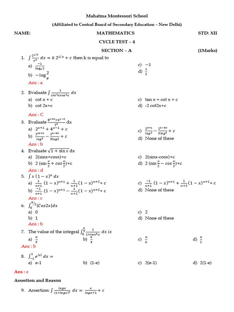 Xii maths cycle test 4 pdf mathematical logic mathematical analysis
