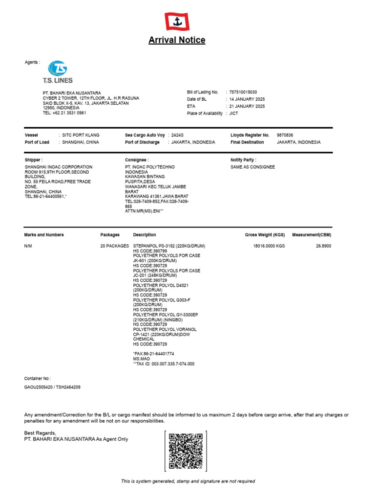 Arrival Notice for Jakarta Cargo Shipment | PDF | Transport | Water ...