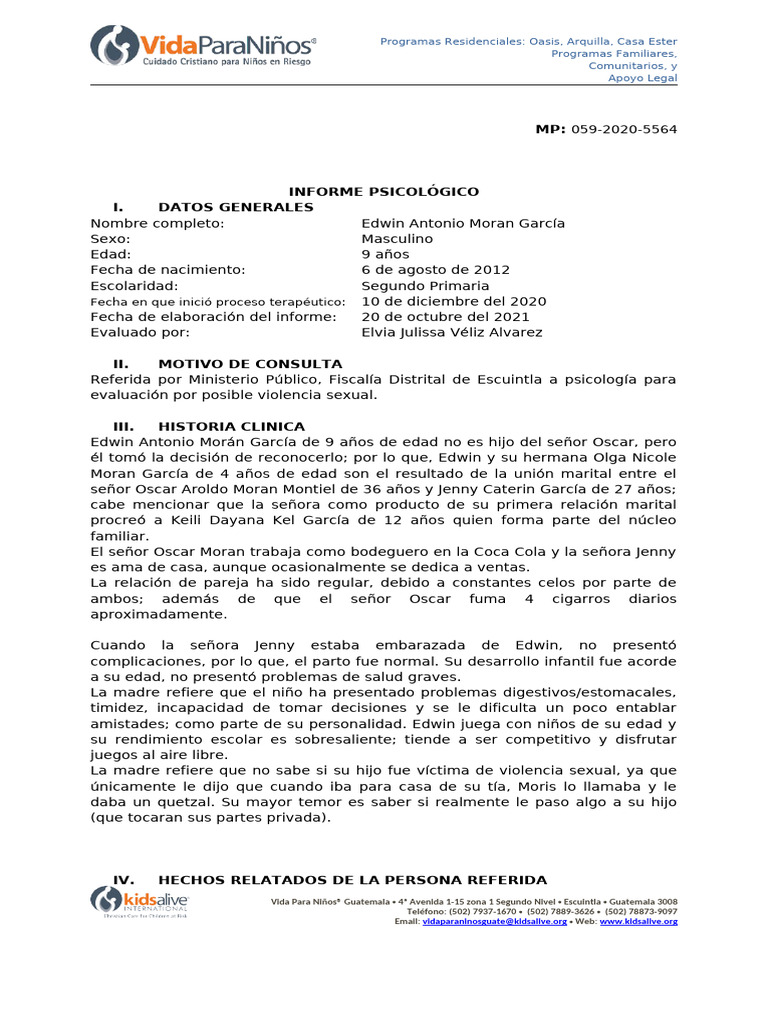 Informe Psicológico de Edwin Morán | PDF | Las emociones | Timidez