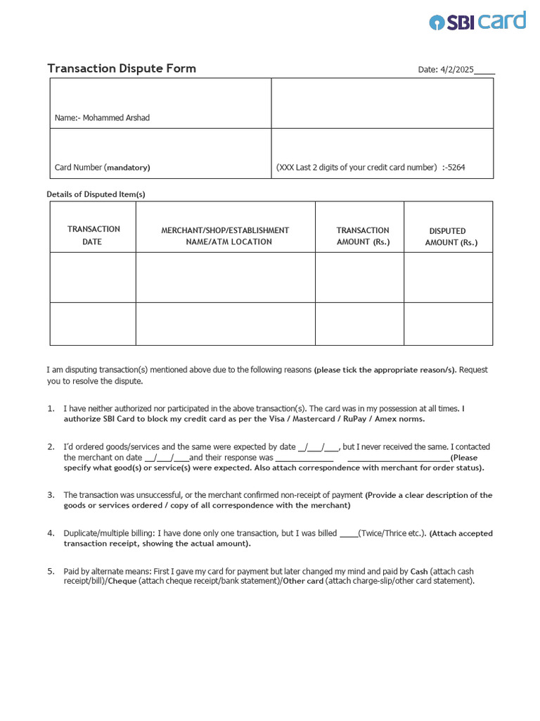 Dispute Form PDF | PDF | Credit Card | Receipt