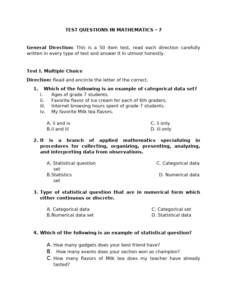 Mathematics Test Questions - Grade 7 | PDF | Questionnaire | Statistics