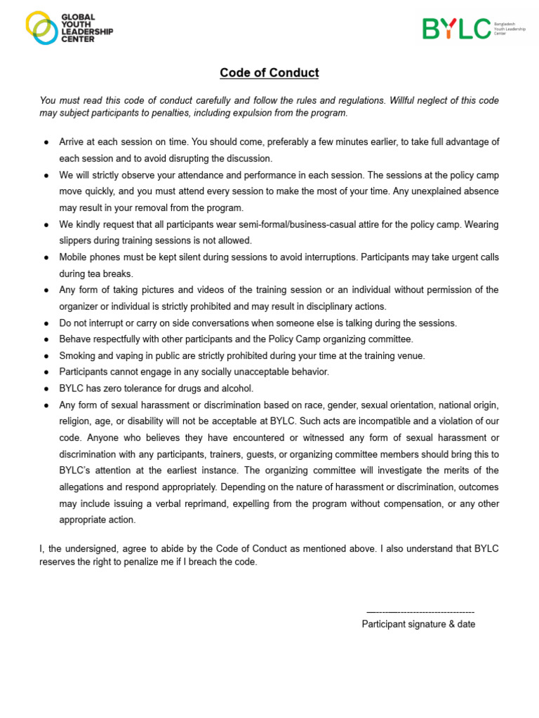 BYLC Policy Camp Code of Conduct | PDF | Sexual Harassment | Harassment