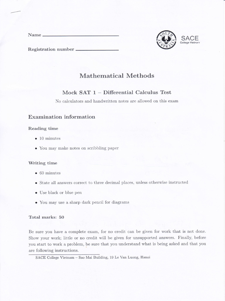 Differential Calculus Mock SAT Exam | PDF | Analysis | Mathematics