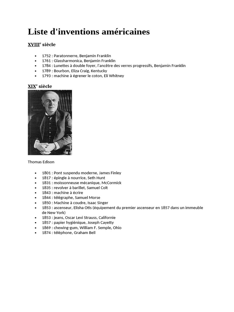 Inventions américaines du XVIIIe au XXe siècle | PDF | Thomas Edison