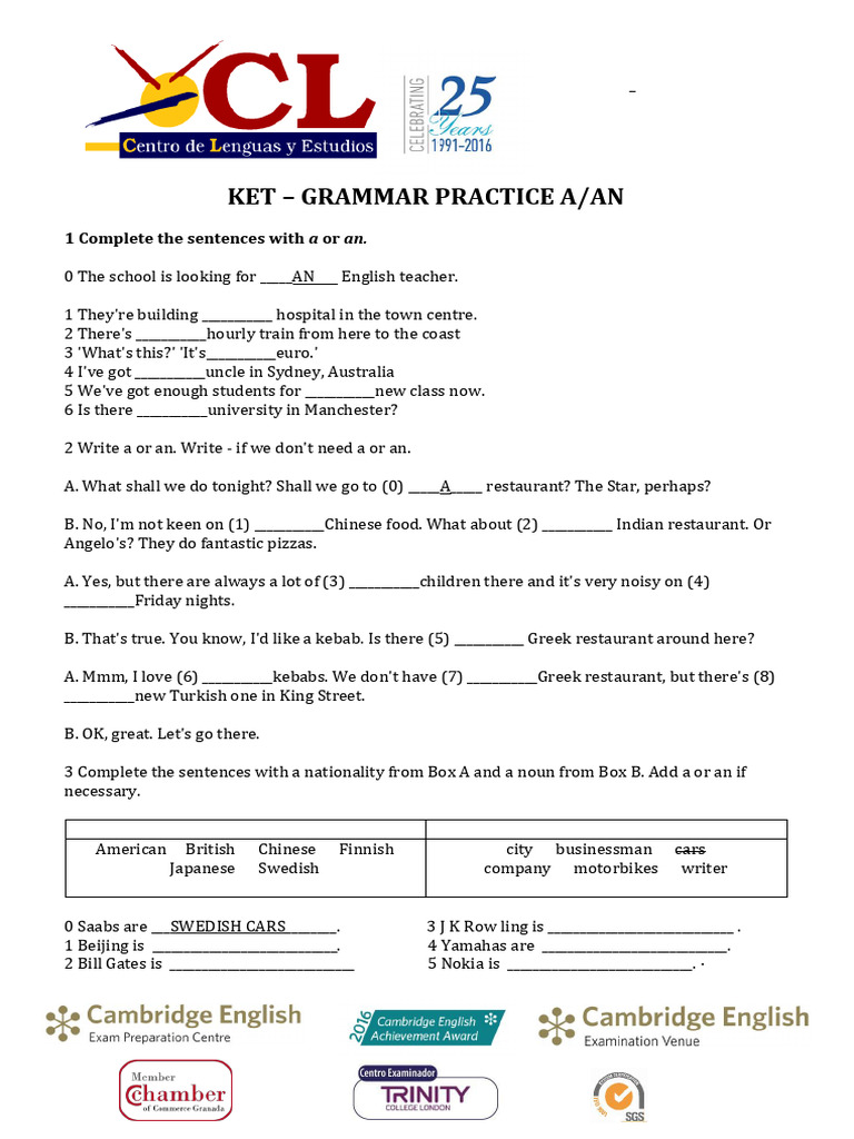 KET Grammar Practice: A/An Exercises | PDF | Linguistic Typology ...