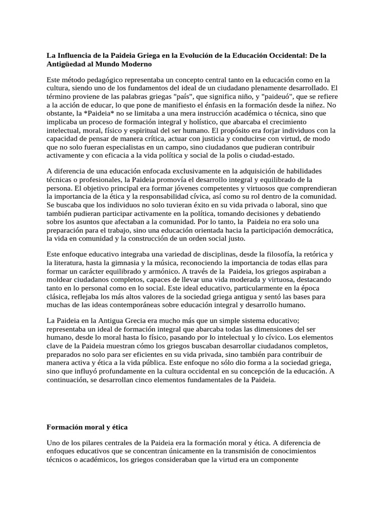 La Paideia Griega y su Legado Educativo | PDF | Esparta | Antigua Grecia