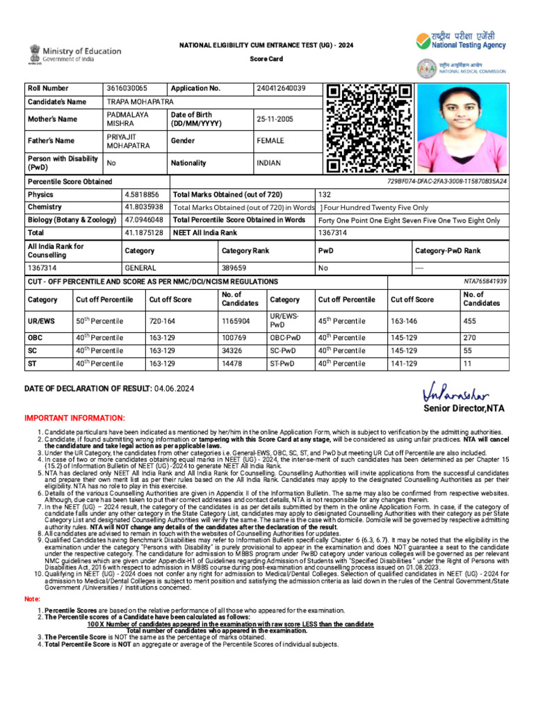 NEET UG 2024 Score Card Details | PDF | Student Assessment And ...