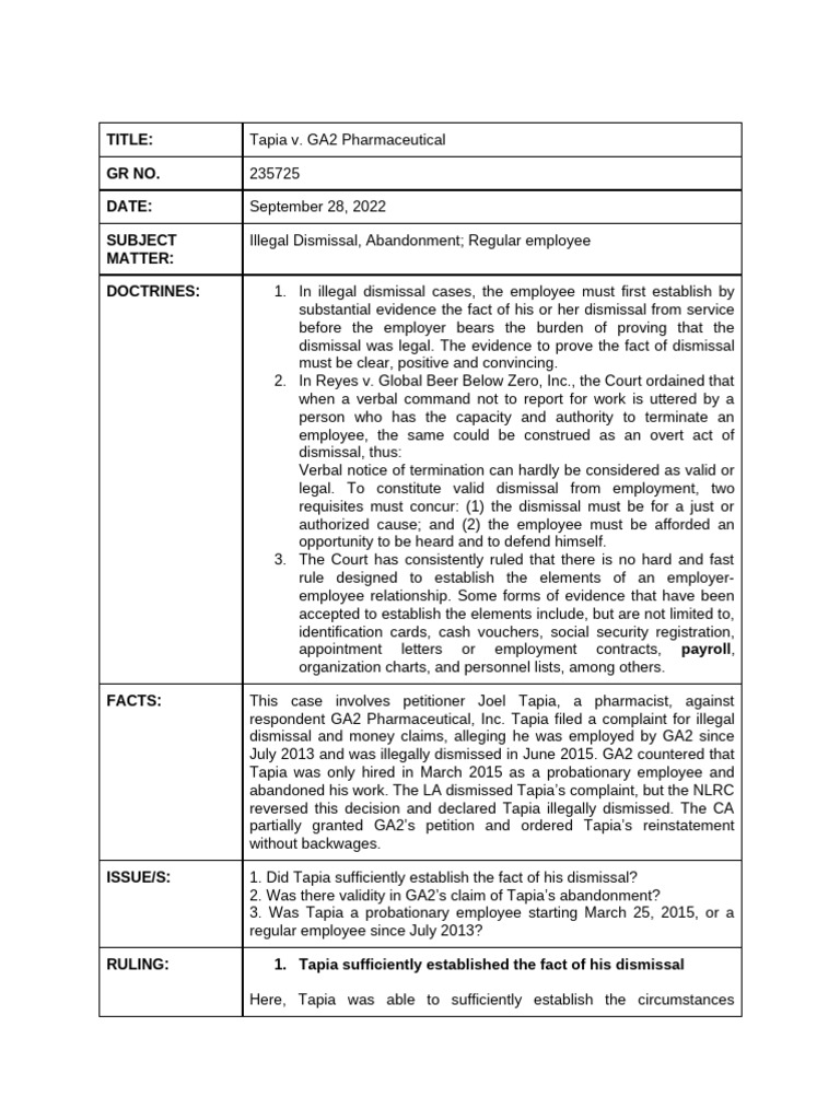 Tapia vs. GA2: Illegal Dismissal Case | PDF | Employment | Justice