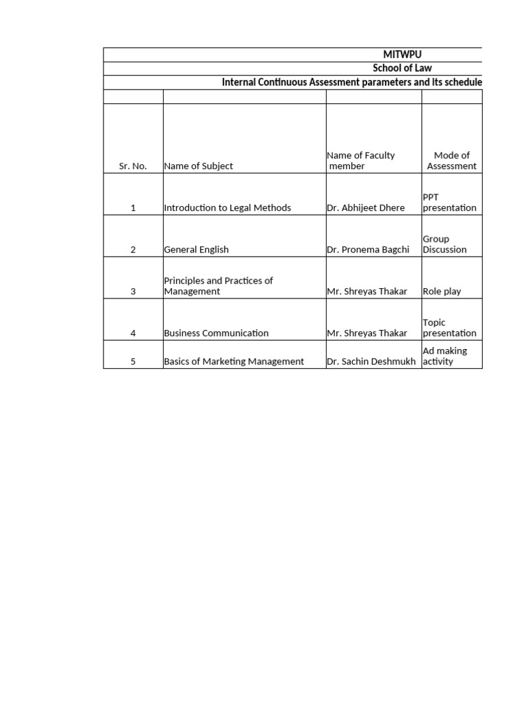 FY BBA Law Assessment Schedule | PDF