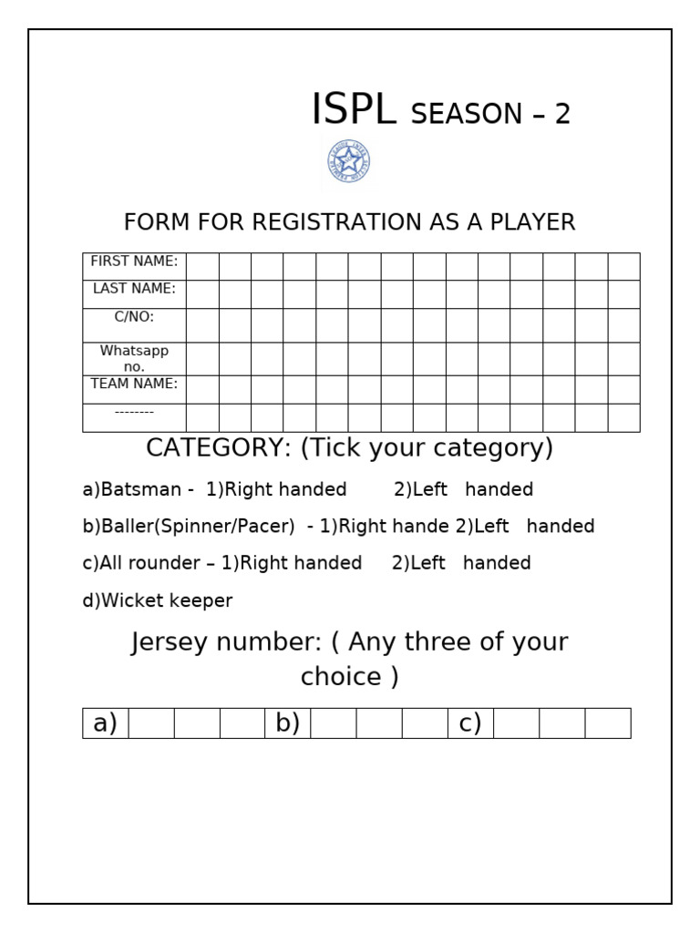 ISPL Season 2 Player Registration Form | PDF
