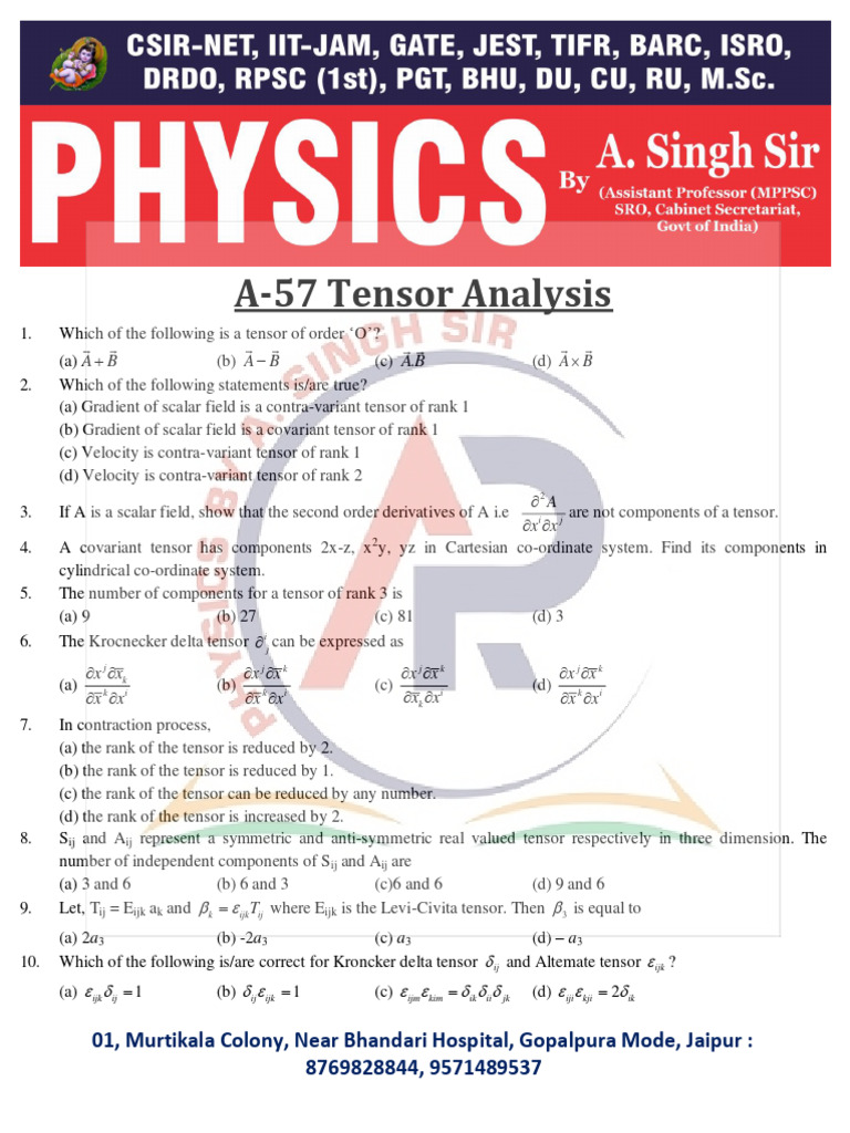 Tensor Analysis Questions and Solutions | PDF | Tensor | Mathematical ...