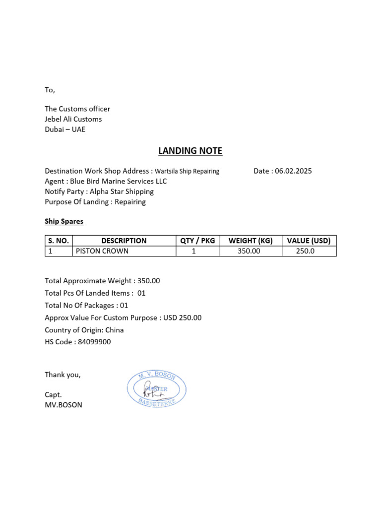 Customs Landing Note for Ship Repair | PDF