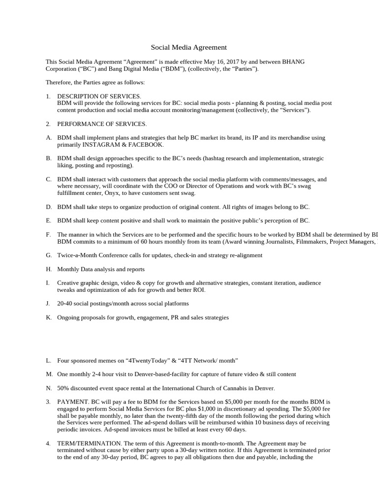Social Media Agreement Sample | PDF | Jurisdiction | Employment