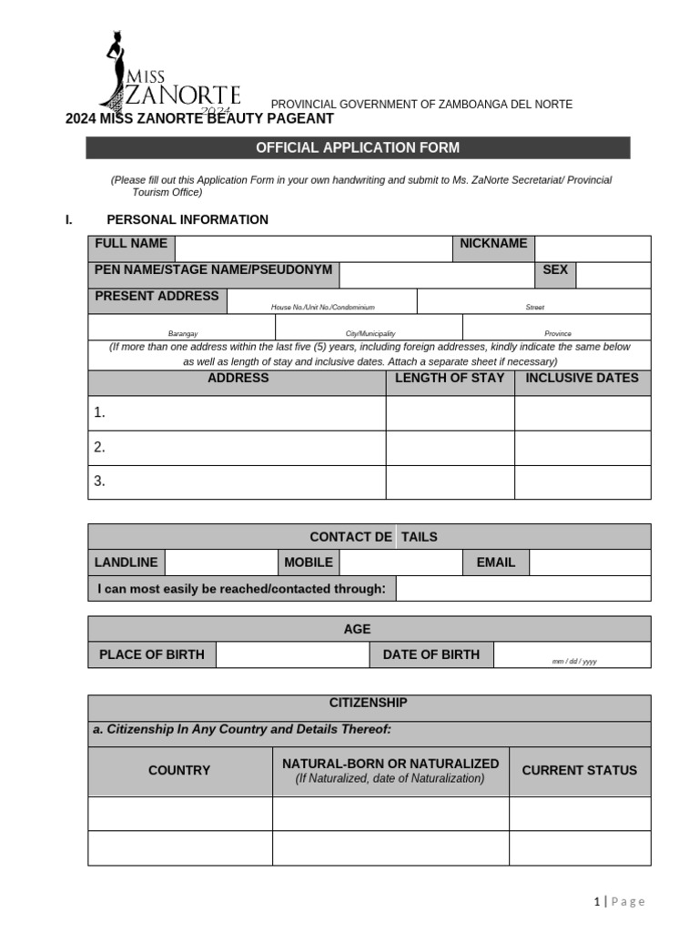 2024 Miss Zanorte Pageant Application Form | PDF | Justice | Crime ...