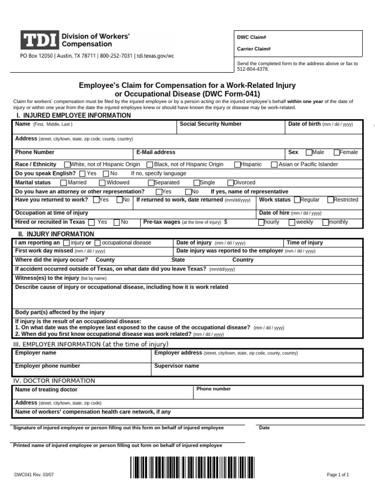 Texas Workers' Compensation Claim Form | PDF | Employment | Workers ...